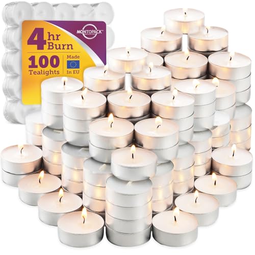 MontoPack Mini Tealight Candles in Bulk | 100 White, Small Votive Smokeless, Dripless & Long Lasting Paraffin Candles | for Home, Pool, Shabbat, Weddings & Emergencies, Unscented