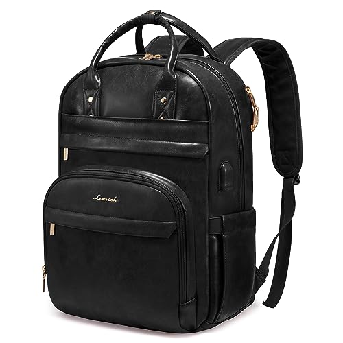 LOVEVOOK Leather Backpack for Women 15.6 Inch, Vintage Laptop Backpack with USB, Spacious Work Backpack Fits Business Office Travel College Black