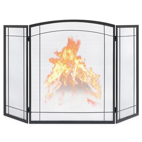 FEED GARDEN 3 Panel Fireplace Screen 48' W x 29' H Modern Foldable with Wrought Metal Decorative Mesh,Arch Heavy Duty Fire Spark Guard Cover for Home Decor Indoor, Black