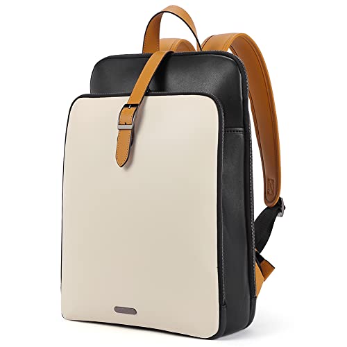 CLUCI Genuine Leather Laptop Backpack Purse for Women 15.6 inch Ladies Work Backpack Vintage Travel Casual College Large Shoulder Bags Beige with Yelow Fine lines
