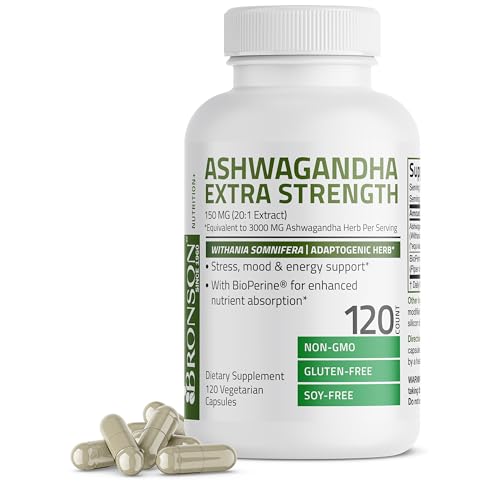 Bronson Ashwagandha Extra Strength Stress & Mood Support with BioPerine - Non GMO Formula, 120 Vegetarian Capsules