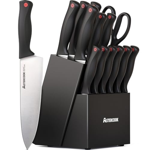 Astercook Knife Set, 15 Pieces Kitchen knives Set with Built-in Sharpener, High Carbon German Stainless Steel Chef Knife Block Sets, Sharp & Rust Resistant Dishwasher Safe, Black