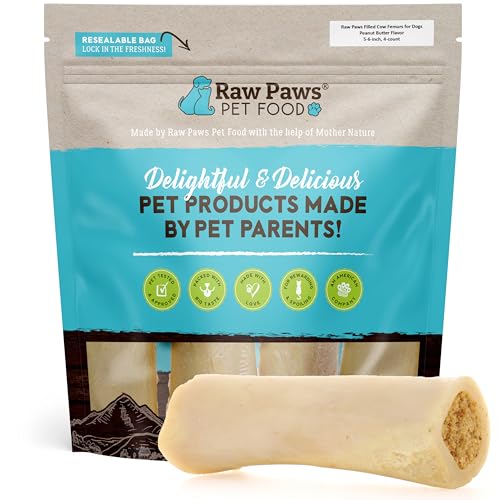 Raw Paws 5-6' Peanut Butter Filled Femur Bones for Dogs, 4-ct, Filled Dog Bones for Large Dogs & Medium, Stuffed Shin Bones for Dogs, Peanut Butter Filled Bones for Dogs, Filled Marrow Bones for Dogs