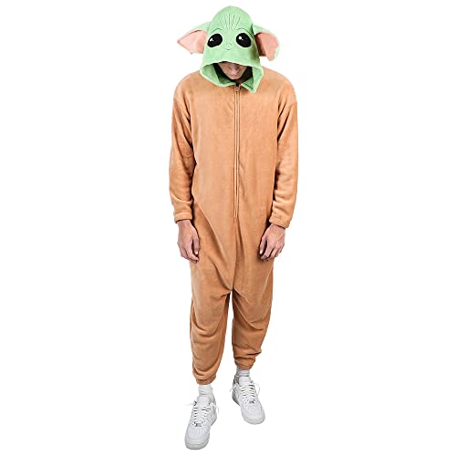 Bioworld Star Wars The Mandalorian Baby Yoda Hooded Kigurumi Union Suit Pajama Onesie with Ears-XXL Brown