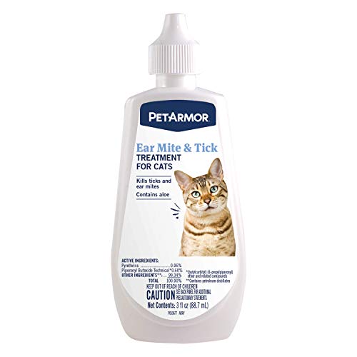 PetArmor Ear Mite Treatment for Cats, Ear Mite Medicine Kills Ticks and Ear Mites to Relieve Itchiness, Ear Mite Drops Sooths Ears with Aloe, 3oz