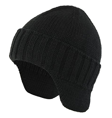 Home Prefer Mens Winter Knit Earflap Hat Velvet Lining Cuffed Beanie Cap with Ear Flaps Black