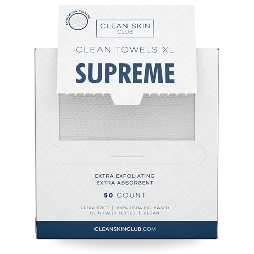Clean Skin Club Clean Towels XL Supreme, 100% USDA Biobased Dermatologist Approved Face Towel, Gentle Exfoliation, Disposable Facial Washcloth, Makeup Remover Dry Wipes, 50 Count