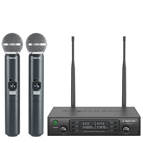Phenyx Pro Wireless Microphone System Dual Wireless Mics,w/ 2 Handheld Dynamic Microphones, 2x100 Adjustable UHF Channels, Auto Scan,328ft Range,Microphone for Singing, Karaoke, Church(PTU-71-2H)