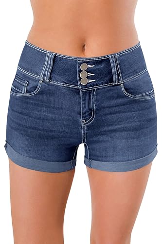 roswear Women's High Waisted Stretchy Denim Shorts Cuffed Jean Shorts Blue Large
