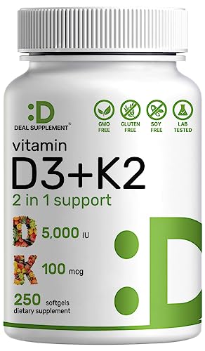 DEAL SUPPLEMENT Vitamin D3 K2 Softgel, 2-1 Complex, Vitamin D3 5000 IU & Vitamin K2 MK7, Promotes Heart, Bone & Teeth Health – Very Easy to Swallow
