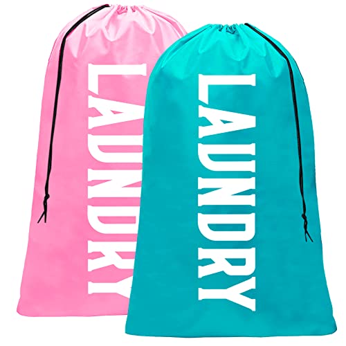Fiodrmy 2 Pack XL Travel Laundry Bag, Machine Washable Dirty Clothes Organizer, Large Enough to Hold 4 Loads of Laundry, Easy Fit a Laundry Hamper or Basket (Pink+Blue, 24' x 36')