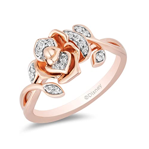 Jewelili Enchanted Disney Fine Jewelry 14K Rose Gold Over Sterling Silver 1/10 Cttw White Round Diamond Belle Rose Ring, Size 8