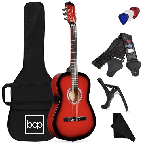 Best Choice Products 38in Beginner All Wood Acoustic Guitar Starter Kit w/Gig Bag, 6 Celluloid Picks, Nylon Strings, Capo, Cloth, Strap w/Pick Holder - Red Burst