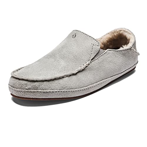 OLUKAI Nohea Slipper, Women's Slip-On Shoes, Genuine Shearling & Premium Nubuck Leather, Drop-In Heel Design, Cozy & Ultra-Soft Comfort Fit, Pale Grey/Pale Grey, 7