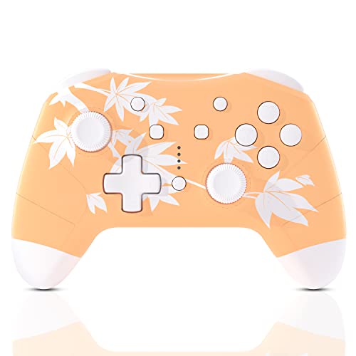 Mytrix Wireless Controller Compatible with Nintendo Switch/Lite/OLED, Cute Wireless Pro Controllers Gamepad with Wake-Up, Headphone Jack, Auto-Fire Turbo, Motion, Vibration, Maple Leaf Orange