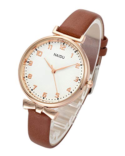 Top Plaza Womens Ladies Classic Simple Leather Analog Quartz Wrist Watch Rose Gold Case Arabic Numerals Casual Dress Watches(Brown)