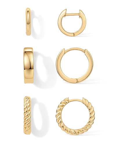 PAVOI 18K Yellow Gold Plated Sterling Silver Posts 4 Pairs Small Hoop Earrings Set | Plain Rope Wide Huggie Hoop Pack Earscape for Women 15mm 14mm 12mm