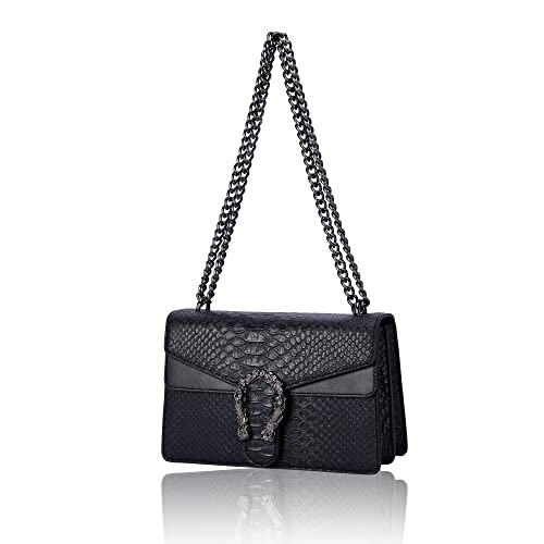 Aiqudou Crossbody and Shoulder Square Handbag For Women - Fashion Snake-Print Leather Bag Metal Chain Satchel Bag and Evening Party Purse