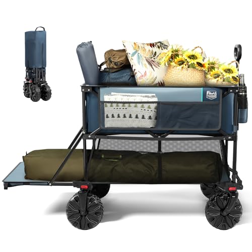 TIMBER RIDGE 400L Large Capacity Folding Double Decker Wagon, 54' Extra Long Extender Wagon Cart, 450lbs Heavy Duty Collapsible Wagon, All-Terrain Big Wheels for Camping, Sports, Shopping, Blue