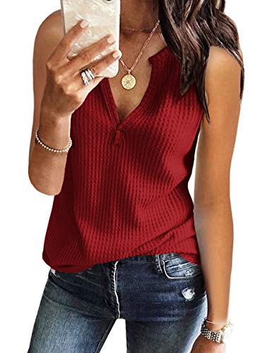 Womens Tank Tops V Neck Waffle Knit Summer Casual Sleeveless Loose Tee Shirts (Large, Red)