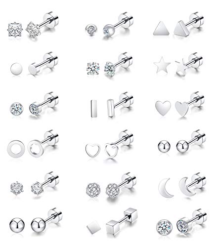 Vegolita 18Pairs 18G Stainless Steel Tiny Stud Earrings for Women Cartilage Helix Earrings Ball Star CZ Earrings