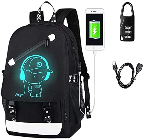 Hjkiopc Anime Luminous Backpack Noctilucent School Bags Daypack USB chargeing port Laptop Bag Handbag For Boys Girls Men Women (Music boy 2)