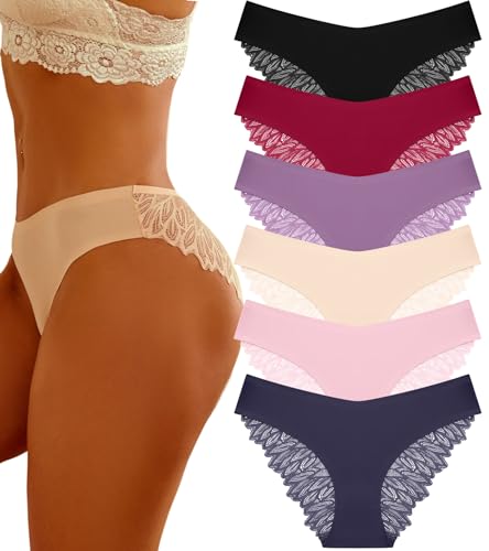 FINETOO 6 Pack Sexy Underwear for Women Silky Seamless No Show Panties Ladies Lace Bikini Lightweight Cheeky Hipster(M)