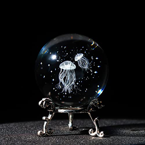 HDCRYSTALGIFTS 3D Laser Engraved Jellyfish with Star Ocean -2.3inch (60mm) Crystal Decorative Ball Figurine Glass Full Sphere with Silver-Plated Stand Home Art Decoration
