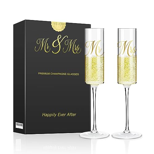 Mr and Mrs Champagne Flutes with Long Stem,Bride and Groom Toasting Glass,Elegant 7oz Square Wedding Glasses Set of 2, Bridal Shower Unique Gift for Anniversary, Engagement Gifts for Couples