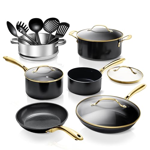 Gotham Steel 15 Pc Ceramic Pots and Pans Set Non Stick, Kitchen Cookware Sets, Pot and Pan Set, Ceramic Cookware Set, Non Toxic Cookware Set, Non Stick Pots and Pan Set, Dishwasher Safe - Black Gold