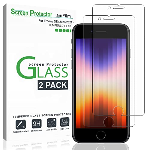 amFilm Screen Protector Compatible with iPhone SE 2 (2020 2nd)/ SE 3 (2022 3rd) Generation Tempered Glass, iPhone 8, 7, 6S, 6 (4.7') Halo Free Glass Screen Protector, 2 Pack