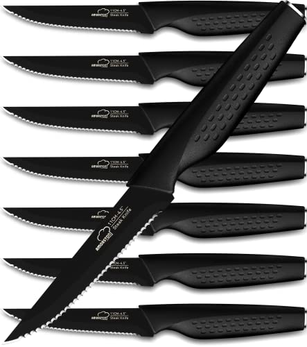 Amorston Steak Knives, Steak Knives Set of 8, Stainless Steel Steak Knife Set, Serrated Steak Knives Dishwasher Safe, Elegant Black