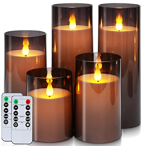 Homemory Gray Flickering Flameless Candles, Battery Operated Acrylic LED Pillar Candles with Remote Control and Timer, Set of 5