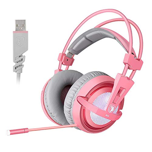 SUPSOO 7.1 Stereo Gaming Headset, Noise Cancelling Over Ear Gaming Headphones with Mic & White LED Light, Bass Surround, Comfortable Memory Foam Ear Pads for Laptop PC - Pink
