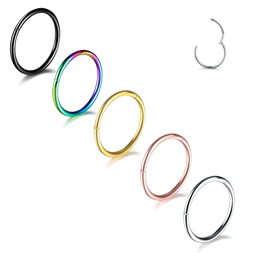 Aumeo 14G 16G 18G 20G Nose Ring Hoop Stainless Steel Hinged Segment Ring Hoop Nose Clicker Ring Tragus Helix Cartilage Daith Rook Earring Piercing Jewelry for Women Men (5pcs 20g 9mm Mixed Colors)