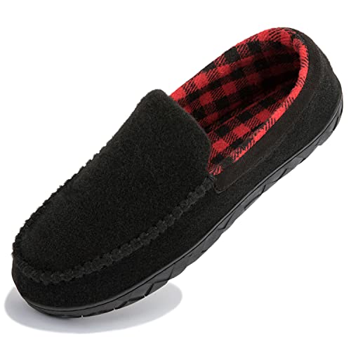 NewDenBer Men's Warm Memory Foam Moccasin Slippers Felted Wool Soft Plaid Lined Slip on Indoor Outdoor House Shoes (15 D(M) US, Black Red)