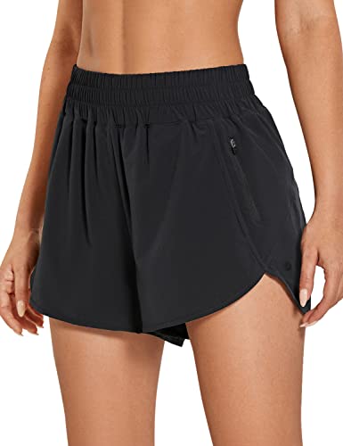 CRZ YOGA Women's High Waisted Running Shorts Mesh Liner - 3'' Dolphin Quick Dry Athletic Gym Track Workout Shorts Zip Pocket Black Medium