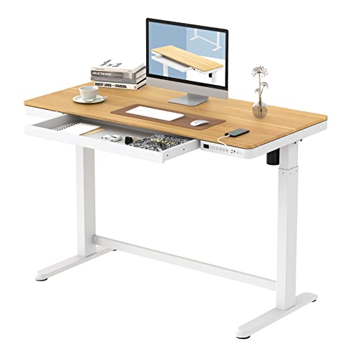 FLEXISPOT Comhar Electric Standing Desk with Drawers Charging USB Port, Height Adjustable 48' Whole-Piece Quick Install Home Office Computer Laptop Table with Storage (Maple Top + White Frame)