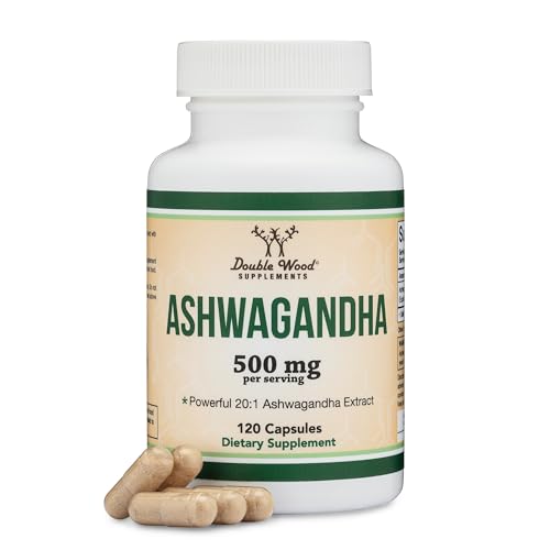 Ashwagandha Capsules, 120 Count (500mg Extract 20:1 Potency, Equivalent to 10,000mg Powder) Adaptogen Stress Relief by Double Wood