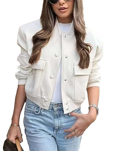 Megfie Womens Cropped Bomber Jacket Button Down Varsity Jackets Shackets With Pockets(0394-Beige-M)