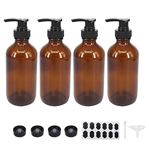 BPFY 4 Pack 8 oz Amber Glass Pump Bottles, Boston Round Bottles with Pumps for Lotion, Soap, Lotions, Hand Cleaner, Massage Oils, Refillable Containers with Cap, Funnel, 12 Chalk Labels, 1 Pen