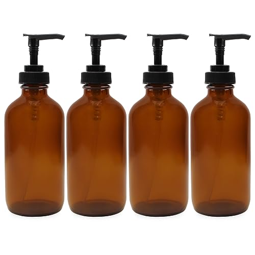 Cornucopia 8oz Glass Pump Bottles (4-Pack, Amber Brown), Lotion Soap Dispensers w/Black Plastic Pumps