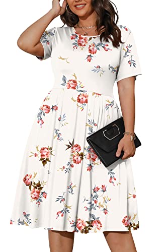 POSESHE Womens Plus Size Dresses for Summer Casual Flowy Soft Dresses Stretchy Floral Dresses with Pockets,Rose Leaf,3XL