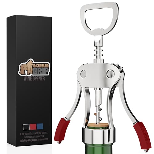 Gorilla Grip Powerful Ergonomic Wine Opener, Multifunctional Wing Corkscrew, Heavy Duty Manual Bottle Openers, Rust Resistant Zinc Alloy Cork Screw, Easy to Use, Dishwasher Safe, Bar Essentials, Red