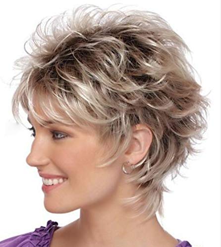TISHINING Layered Short Blonde Pixie Wigs for White Women Dark Brown Ombre Blonde Pixie Cut Wig with Bangs Synthetic Natural Looking Daily Party Wig