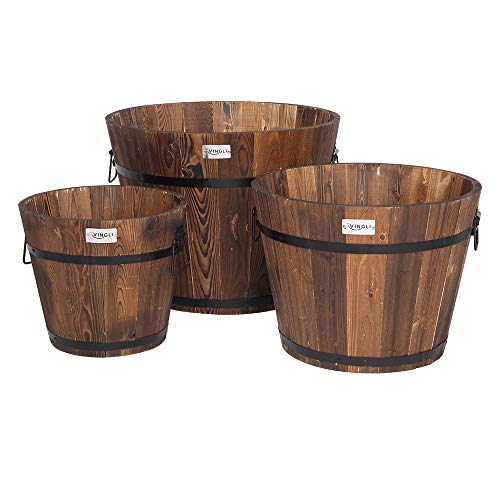 VINGLI 3 pcs Wooden Planter Barrel Set, Real Wood Indoor/Outdoor Flower Pot w/Drainage Holes, Different Sizes, Large Garden Container Box
