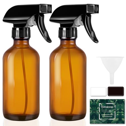 Tecohouse Glass Spray Bottles 8oz, Amber Hair Spray Bottles, 2 Pack Empty Refillable Sprayer Container with Labels, Funnel, Lids, Graduated Pipettes - Handheld Size