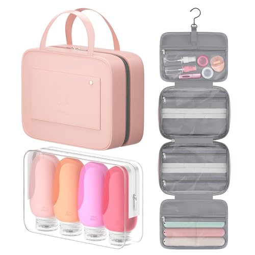 Morfone Leak Proof Travel Toiletry Bottles and Hanging Makeup Organizer with TSA Approved Cosmetic Bag for Shampoo, Conditioner, and Toiletries