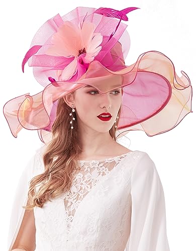 Z&X Women's Kentucky Derby Fascinator Church Hat Wide Brim Big Flower Organza Sun Hat Bridal Wedding Tea Party Hat Rose Pink