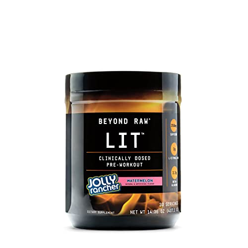 BEYOND RAW LIT | Clinically Dosed Pre-Workout Powder | Contains Caffeine, L-Citrulline, and Beta-Alanine, Nitric Oxide and Preworkout Supplement | Jolly Rancher Watermelon | 30 Servings